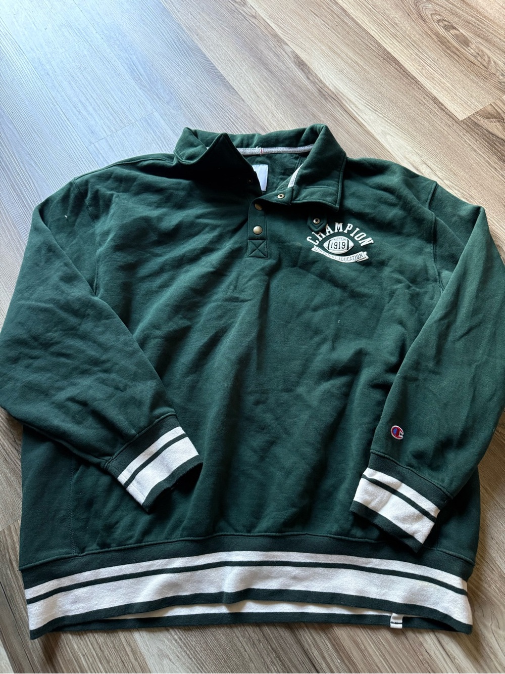 Champion Dark Green Rugby Pullover with White Stripe Accents